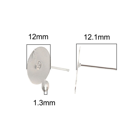 Imagen de Iron Based Alloy Ear Post Stud Earrings Findings Round Silver Tone W/ Loop Cabochon Settings (Fits 12mm Dia.) 15mm x 12mm, Post/ Wire Size: (21 gauge), 200 PCs