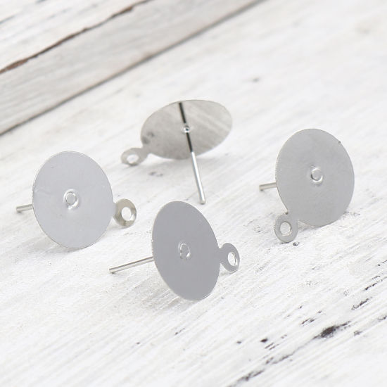 Imagen de Iron Based Alloy Ear Post Stud Earrings Findings Round Silver Tone W/ Loop Cabochon Settings (Fits 12mm Dia.) 15mm x 12mm, Post/ Wire Size: (21 gauge), 200 PCs