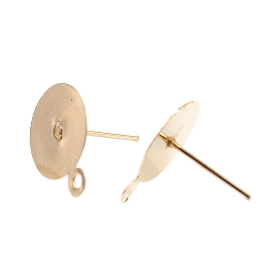 Imagen de Iron Based Alloy Ear Post Stud Earrings Findings Round KC Gold Plated W/ Loop Cabochon Settings (Fits 12mm Dia.) 15mm x 12mm, Post/ Wire Size: (21 gauge), 200 PCs