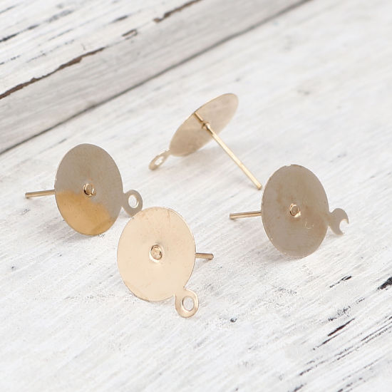 Imagen de Iron Based Alloy Ear Post Stud Earrings Findings Round KC Gold Plated W/ Loop Cabochon Settings (Fits 12mm Dia.) 15mm x 12mm, Post/ Wire Size: (21 gauge), 200 PCs