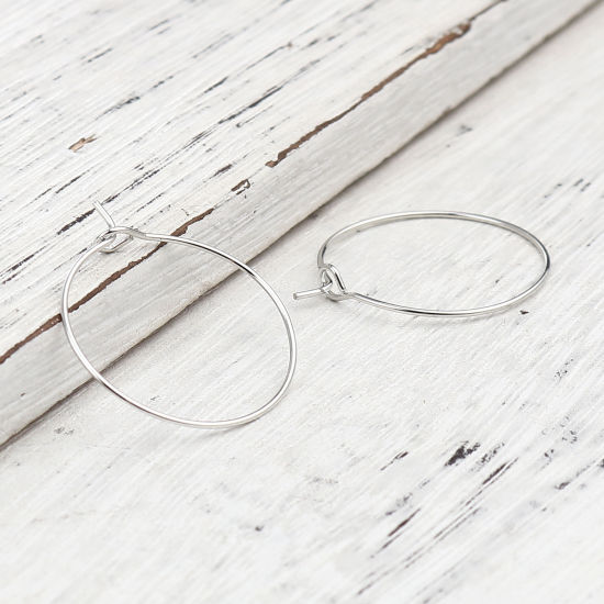 Picture of Iron Based Alloy Hoop Earrings Findings Circle Ring Silver Tone 29mm x 25mm, Post/ Wire Size: (21 gauge), 100 PCs