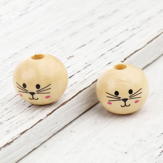 Picture of Wood Spacer Beads Ball Natural Cat About 20mm Dia., Hole: Approx 4.9mm, 30 PCs