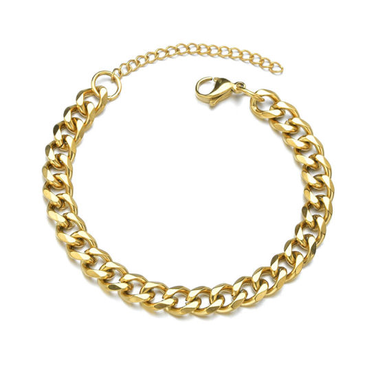 Picture of Stainless Steel Curb Link Chain Bracelets 18K Gold Plated 18cm(7 1/8") long, 3mm, 1 Piece