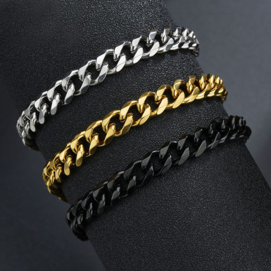 Picture of Stainless Steel Curb Link Chain Bracelets 18K Gold Plated 18cm(7 1/8") long, 3mm, 1 Piece