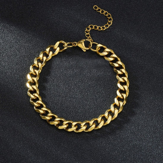 Picture of Stainless Steel Curb Link Chain Bracelets 18K Gold Plated 18cm(7 1/8") long, 5mm, 1 Piece