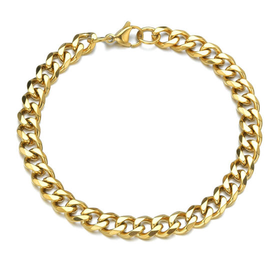 Picture of Stainless Steel Curb Link Chain Bracelets 18K Gold Plated 22cm(8 5/8") long, 3mm, 1 Piece