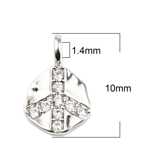 Immagine di Ottone Religione Charms Vero Platino Placcato Irregolare Segno di Pace Micro Spianare Trasparente Strass 10mm x 7mm, 2 Pz