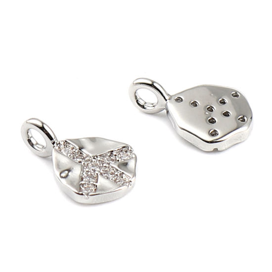 Immagine di Ottone Religione Charms Vero Platino Placcato Irregolare Segno di Pace Micro Spianare Trasparente Strass 10mm x 7mm, 2 Pz