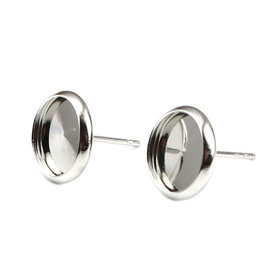Picture of Iron Based Alloy CABochon Settings Ear Post Stud Earrings Findings Round Silver Tone (Fit 10mm Dia.) 12mm Dia., Post/ Wire Size: (20 gauge), 40 PCs