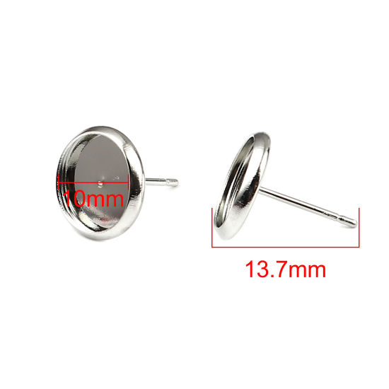Iron Based Alloy CABochon Settings Ear Post Stud Earrings Findings Round Silver Tone (Fit 10mm Dia.) 12mm Dia., Post/ Wire Size: (20 gauge), 40 PCs の画像