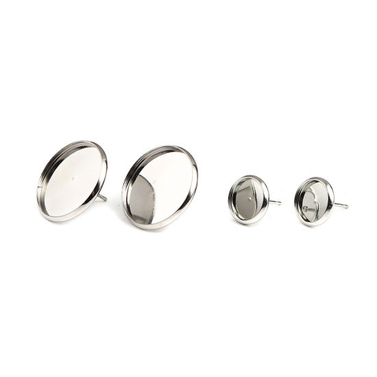 Image de Iron Based Alloy CABochon Settings Ear Post Stud Earrings Findings Round Silver Tone (Fit 10mm Dia.) 12mm Dia., Post/ Wire Size: (20 gauge), 40 PCs