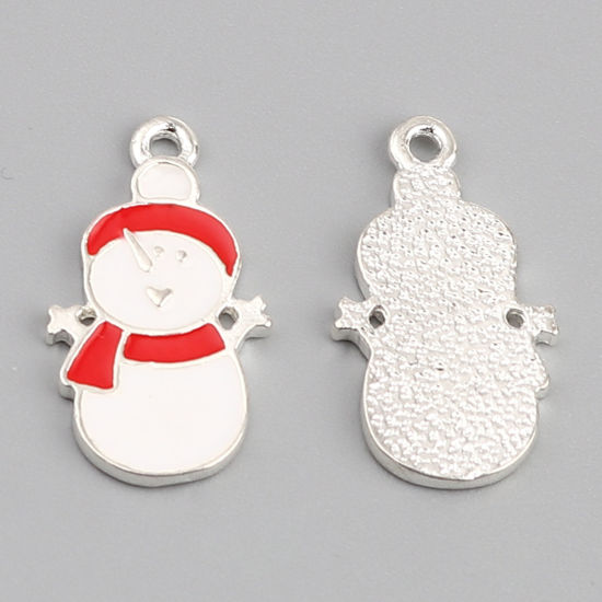 Immagine di Lega di Zinco Charms Pupazzo Natale Argento Placcato Bianco & Rosso Smalto 23mm x 13mm , 10 Pz
