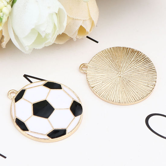 Immagine di Zinc Based Alloy Sport Charms Football Gold Plated Black & White Enamel 28mm x 25mm, 5 PCs