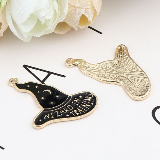 Immagine di Zinc Based Alloy Charms Halloween Witch Hat Gold Plated Black Enamel 28mm x 24mm, 10 PCs