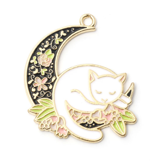 Picture of Zinc Based Alloy Galaxy Pendants Half Moon Gold Plated Black & White Cat Enamel 33mm x 29mm, 5 PCs