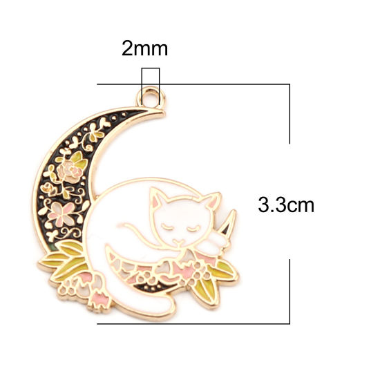 Picture of Zinc Based Alloy Galaxy Pendants Half Moon Gold Plated Black & White Cat Enamel 33mm x 29mm, 5 PCs