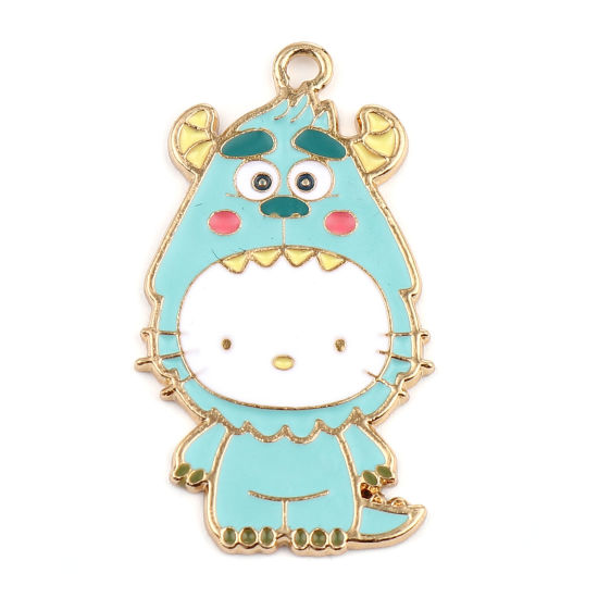 Immagine di Zinc Based Alloy Pendants Cat Animal Gold Plated Green Blue Enamel 34mm x 19mm, 5 PCs