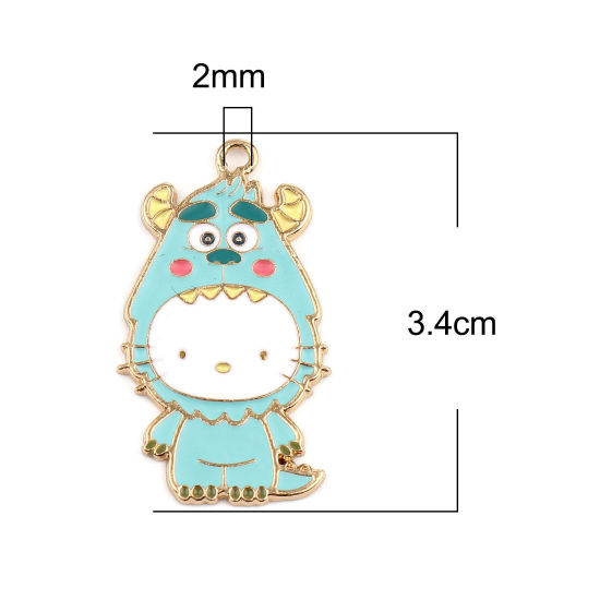 Immagine di Zinc Based Alloy Pendants Cat Animal Gold Plated Green Blue Enamel 34mm x 19mm, 5 PCs