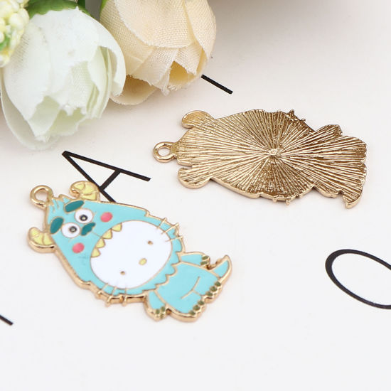 Immagine di Zinc Based Alloy Pendants Cat Animal Gold Plated Green Blue Enamel 34mm x 19mm, 5 PCs