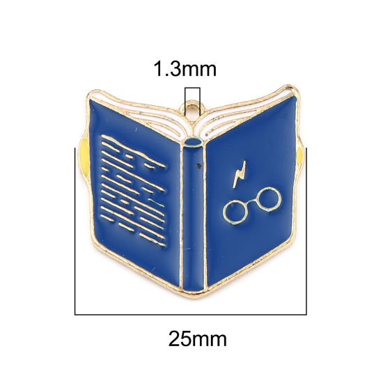 Picture of Zinc Based Alloy College Jewelry Charms Book Gold Plated Blue Enamel 25mm x 23mm, 10 PCs