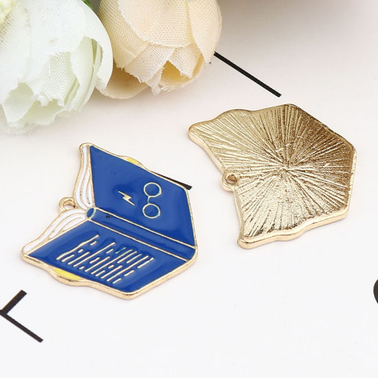 Picture of Zinc Based Alloy College Jewelry Charms Book Gold Plated Blue Enamel 25mm x 23mm, 10 PCs