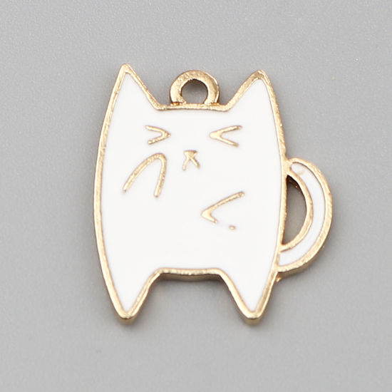 Immagine di Zinc Based Alloy Charms Cat Animal Gold Plated White Enamel 20mm x 18mm, 20 PCs