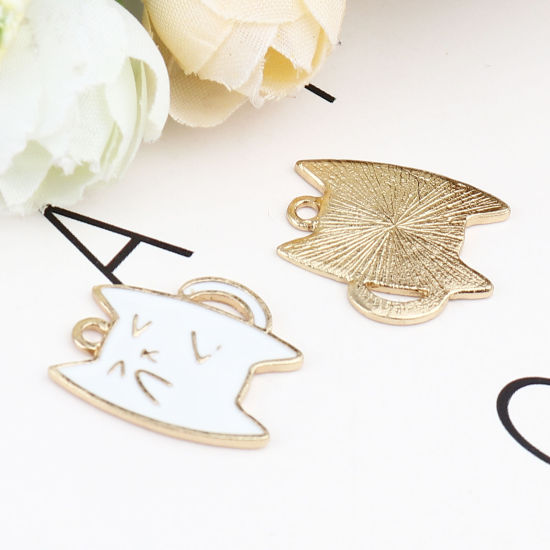 Immagine di Zinc Based Alloy Charms Cat Animal Gold Plated White Enamel 20mm x 18mm, 20 PCs