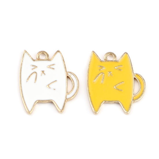 Immagine di Zinc Based Alloy Charms Cat Animal Gold Plated White Enamel 20mm x 18mm, 20 PCs