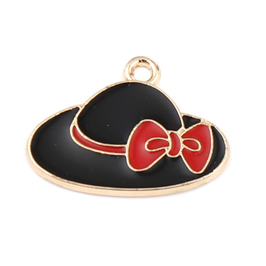 Immagine di Zinc Based Alloy Clothes Charms Hat Gold Plated Black & Red Bowknot Enamel 22mm x 16mm, 10 PCs