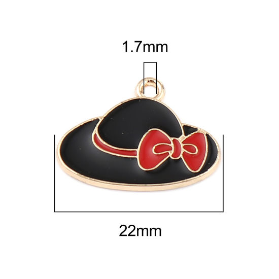 Immagine di Zinc Based Alloy Clothes Charms Hat Gold Plated Black & Red Bowknot Enamel 22mm x 16mm, 10 PCs