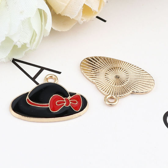 Immagine di Zinc Based Alloy Clothes Charms Hat Gold Plated Black & Red Bowknot Enamel 22mm x 16mm, 10 PCs
