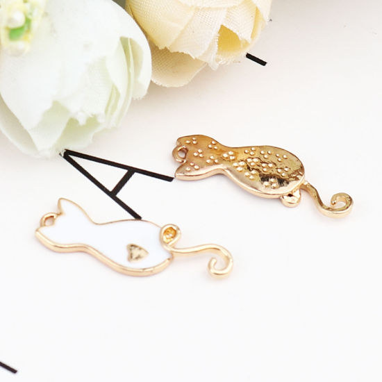 Picture of Zinc Based Alloy Charms Cat Animal Gold Plated White Heart Enamel 23mm x 8mm, 10 PCs