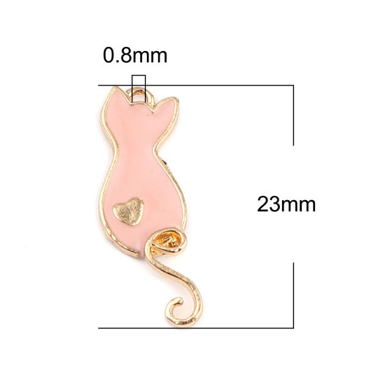 Picture of Zinc Based Alloy Charms Cat Animal Gold Plated Pink Heart Enamel 23mm x 8mm, 10 PCs