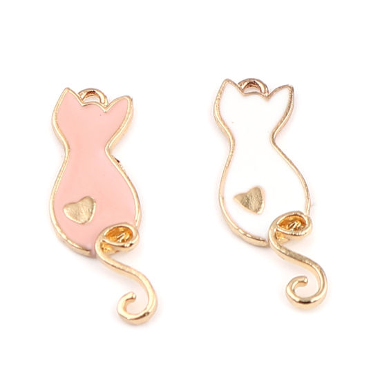 Picture of Zinc Based Alloy Charms Cat Animal Gold Plated Pink Heart Enamel 23mm x 8mm, 10 PCs