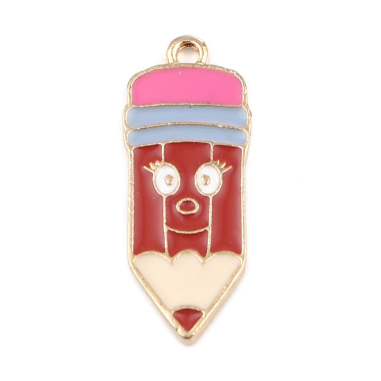 Picture of Zinc Based Alloy College Jewelry Charms Pencil Gold Plated Multicolor Enamel 24mm x 10mm, 10 PCs