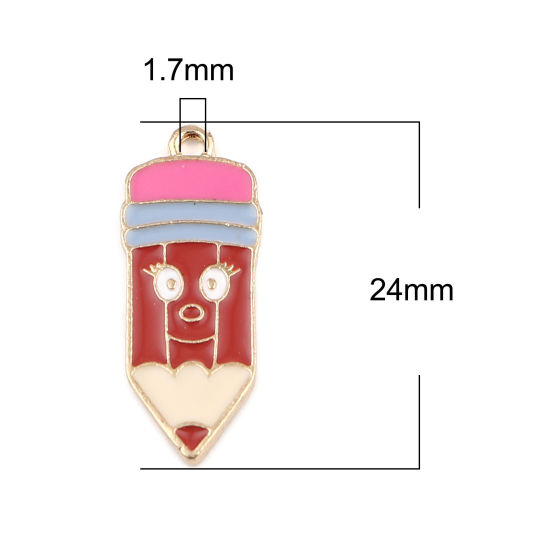 Picture of Zinc Based Alloy College Jewelry Charms Pencil Gold Plated Multicolor Enamel 24mm x 10mm, 10 PCs