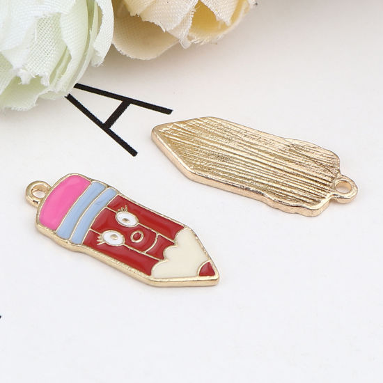 Picture of Zinc Based Alloy College Jewelry Charms Pencil Gold Plated Multicolor Enamel 24mm x 10mm, 10 PCs