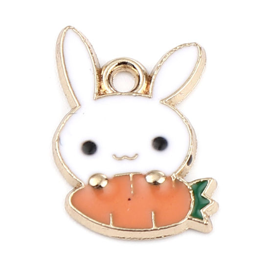 Immagine di Zinc Based Alloy Charms Carrot Gold Plated White & Orange Rabbit Enamel 15mm x 11mm, 20 PCs