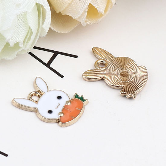 Immagine di Zinc Based Alloy Charms Carrot Gold Plated White & Orange Rabbit Enamel 15mm x 11mm, 20 PCs