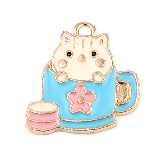 Immagine di Zinc Based Alloy Charms Cup Gold Plated Multicolor Cat Enamel 19mm x 19mm, 10 PCs