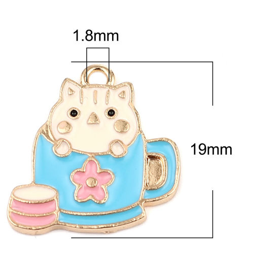 Immagine di Zinc Based Alloy Charms Cup Gold Plated Multicolor Cat Enamel 19mm x 19mm, 10 PCs