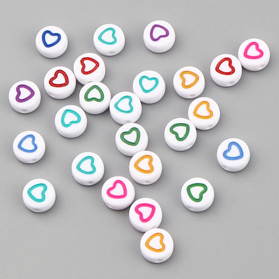 Picture of Acrylic Beads Flat Round At Random Color Heart Pattern Enamel About 7mm Dia., Hole: Approx 1.4mm, 500 PCs