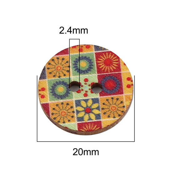 Immagine di Natural Wood Buddhism Mandala Sewing Buttons Scrapbooking Two Holes Round Multicolor Grid Checker 20mm Dia., 100 PCs