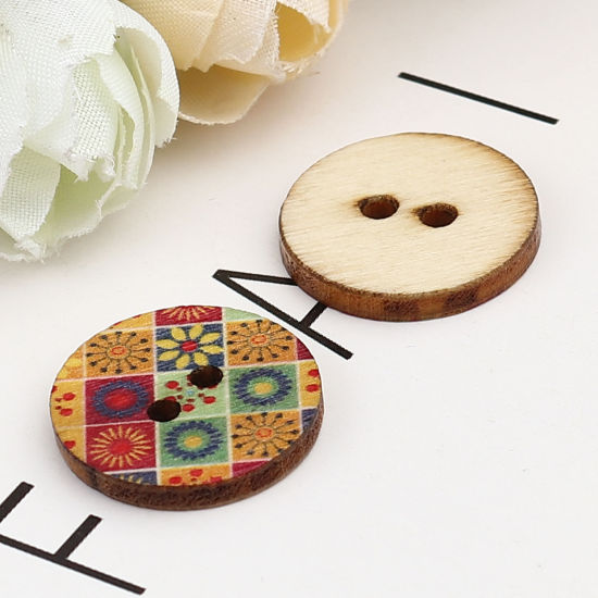 Immagine di Natural Wood Buddhism Mandala Sewing Buttons Scrapbooking Two Holes Round Multicolor Grid Checker 20mm Dia., 100 PCs