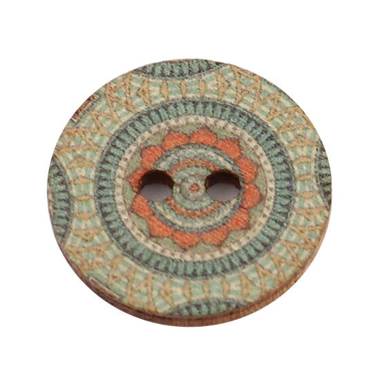 Immagine di Natural Wood Buddhism Mandala Sewing Buttons Scrapbooking Two Holes Round Sage Green Flower 20mm Dia., 100 PCs