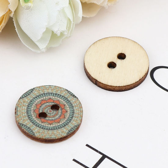 Immagine di Natural Wood Buddhism Mandala Sewing Buttons Scrapbooking Two Holes Round Sage Green Flower 20mm Dia., 100 PCs