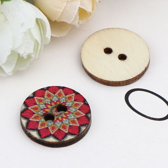 Immagine di Natural Wood Buddhism Mandala Sewing Buttons Scrapbooking Two Holes Round Fuchsia Flower 20mm Dia., 100 PCs
