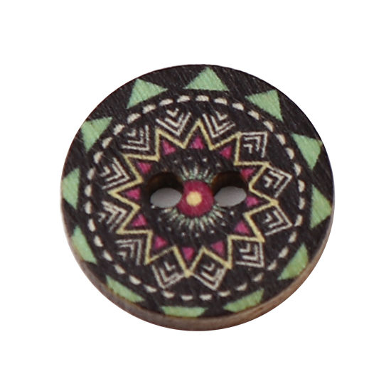 Immagine di Natural Wood Buddhism Mandala Sewing Buttons Scrapbooking Two Holes Round Black & Green Flower 20mm Dia., 100 PCs
