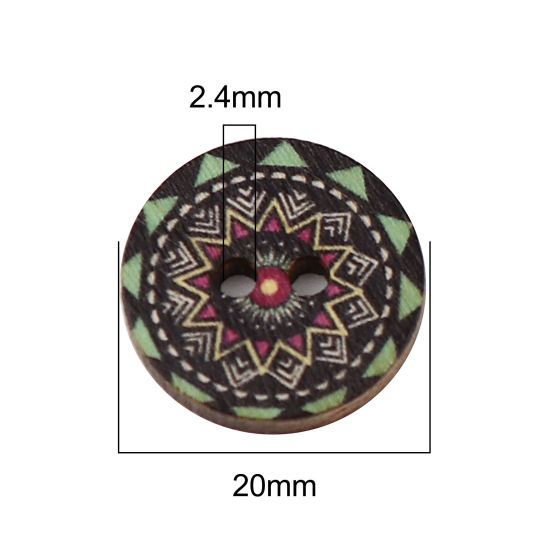 Immagine di Natural Wood Buddhism Mandala Sewing Buttons Scrapbooking Two Holes Round Black & Green Flower 20mm Dia., 100 PCs