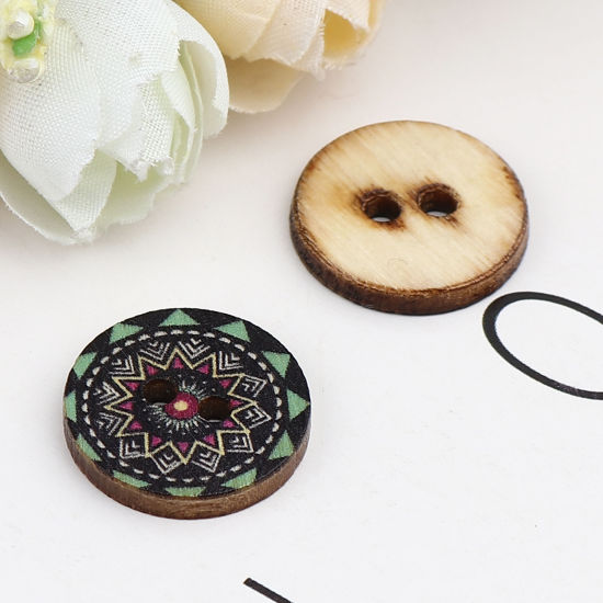 Immagine di Natural Wood Buddhism Mandala Sewing Buttons Scrapbooking Two Holes Round Black & Green Flower 20mm Dia., 100 PCs